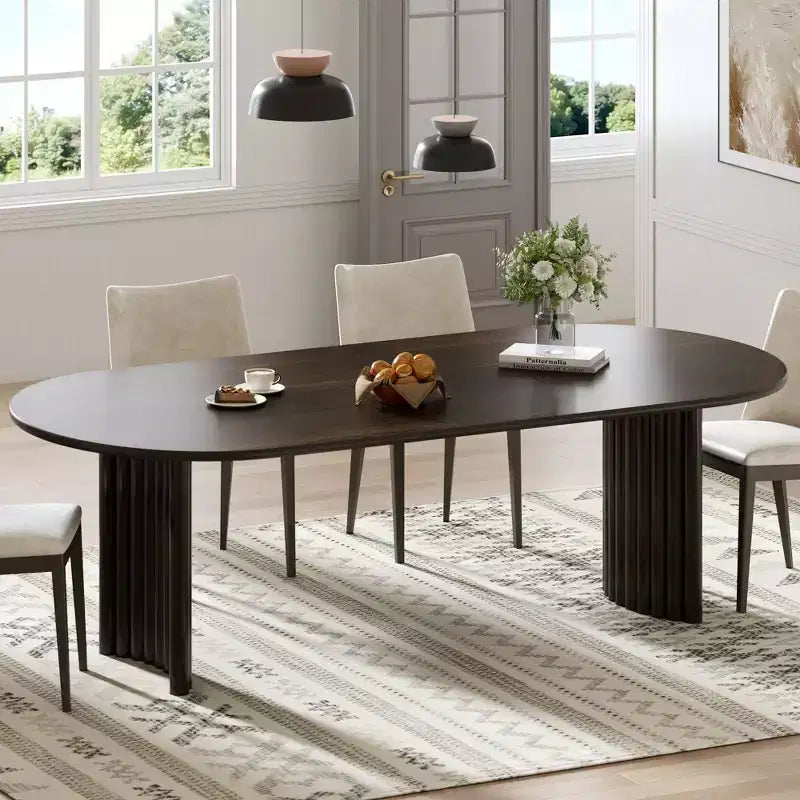 PexFix 79 Tavolo da pranzo ovale per 6-8 persone con piano a bordo arcuato e base a strisce, tavolo da cucina moderno in stile rustico per soggiorno sala da pranzo, noce