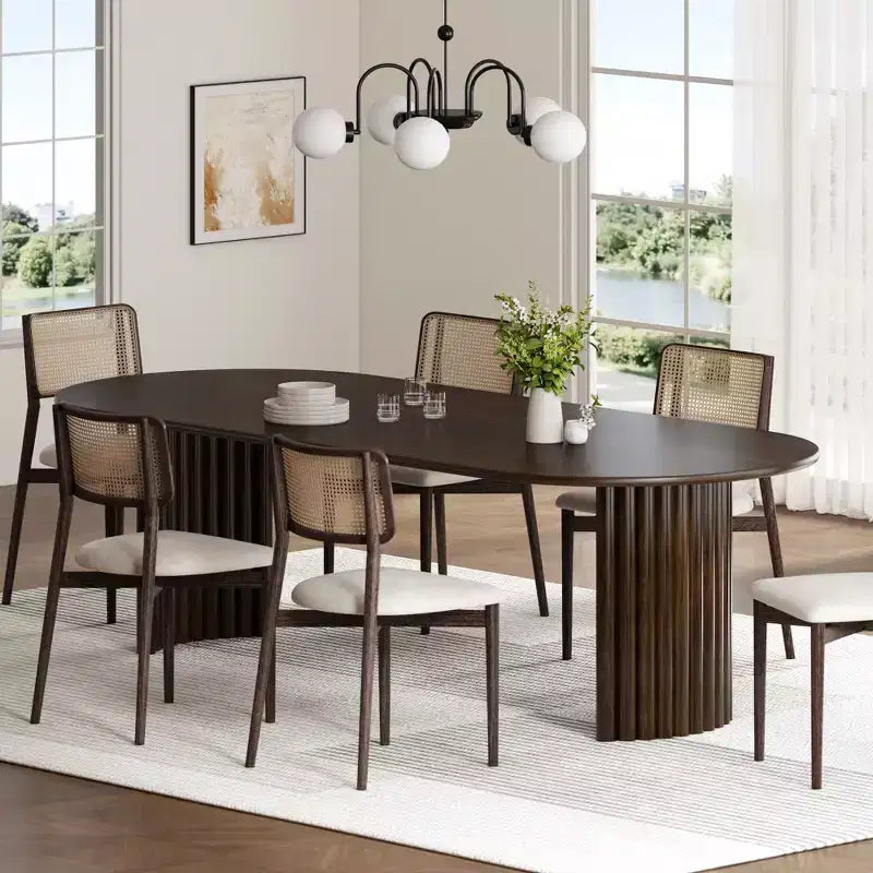 PexFix 79 Tavolo da pranzo ovale per 6-8 persone con piano a bordo arcuato e base a strisce, tavolo da cucina moderno in stile rustico per soggiorno sala da pranzo, noce