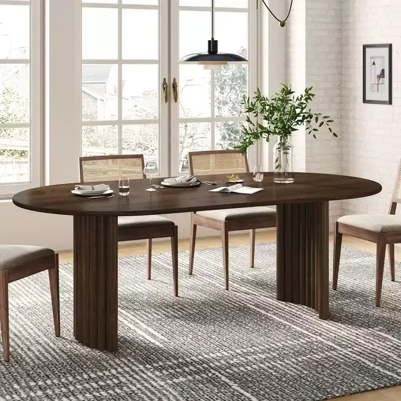 PexFix 79 Tavolo da pranzo ovale per 6-8 persone con piano a bordo arcuato e base a strisce, tavolo da cucina moderno in stile rustico per soggiorno sala da pranzo, noce