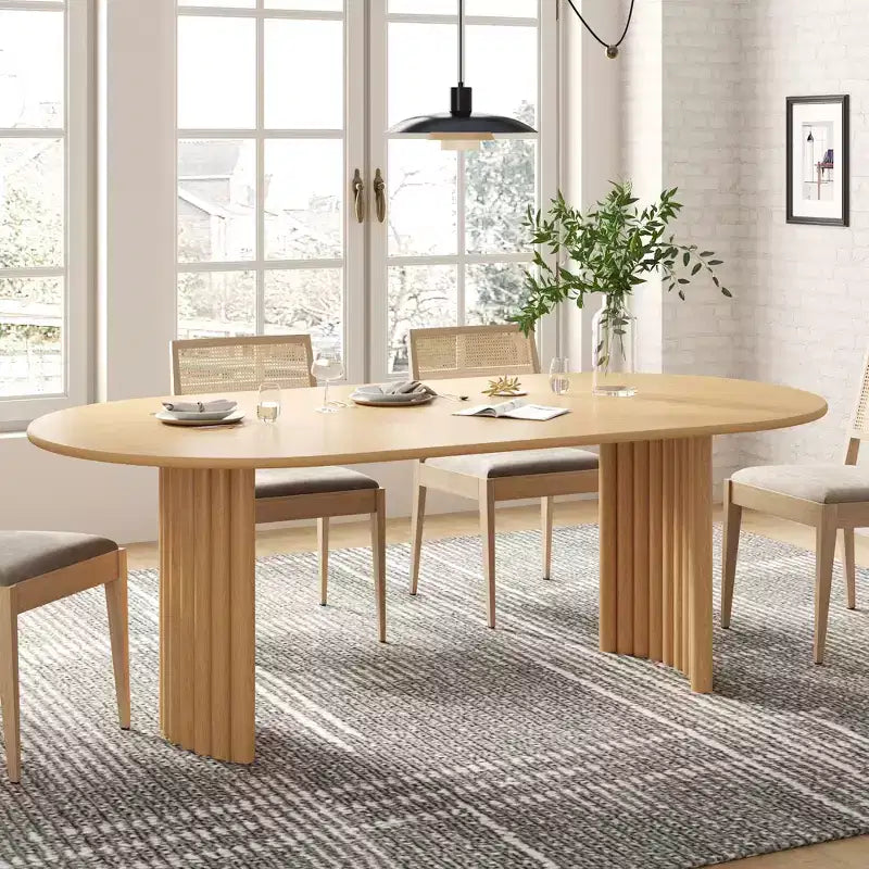 PexFix 79 Tavolo da pranzo ovale per 6-8 persone con bordo a forma di arco e base a strisce, tavolo da cucina moderno in stile rustico per soggiorno e sala da pranzo, colore naturale