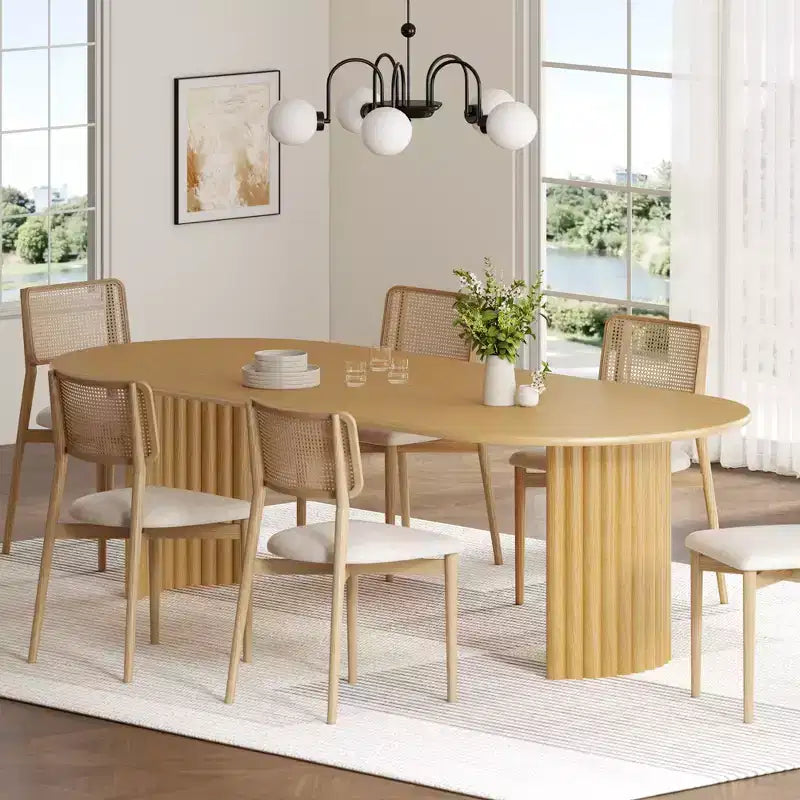 PexFix 79 Tavolo da pranzo ovale per 6-8 persone con bordo a forma di arco e base a strisce, tavolo da cucina moderno in stile rustico per soggiorno e sala da pranzo, colore naturale
