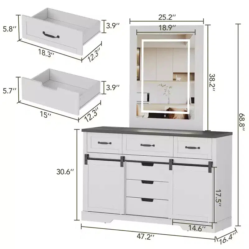 Toeletta da camera da letto con specchio, toeletta con specchio per trucco illuminato, toeletta in stile rustico moderno, adatta per camera da letto/soggiorno