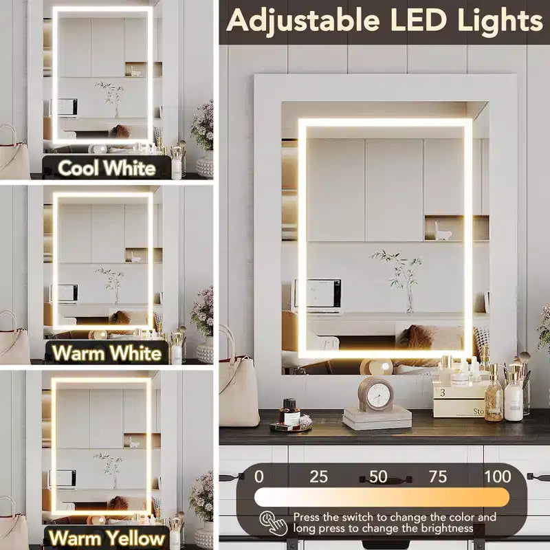Toeletta da camera da letto con specchio, toeletta con specchio per trucco illuminato, toeletta in stile rustico moderno, adatta per camera da letto/soggiorno