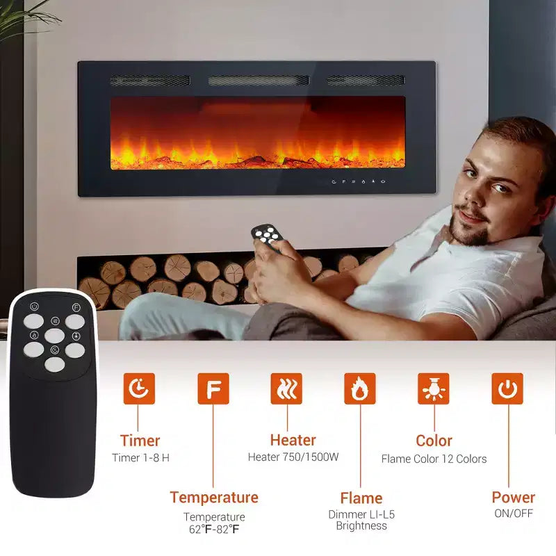 Caminetto elettrico a parete CuisinSmart da 40 pollici, riscaldatore per camino con 750W/1500W, effetti fiamma a 12 colori, telecomando e timer