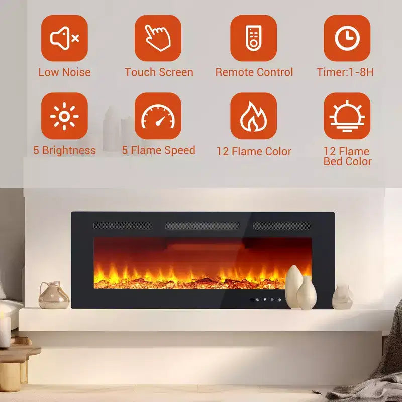 Caminetto elettrico a parete CuisinSmart da 40 pollici, riscaldatore per camino con 750W/1500W, effetti fiamma a 12 colori, telecomando e timer