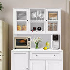 Credenza da pranzo con portabottiglie, cassetti, ripiani sportello, moderna vetrina in vetro e ripiano per microonde.