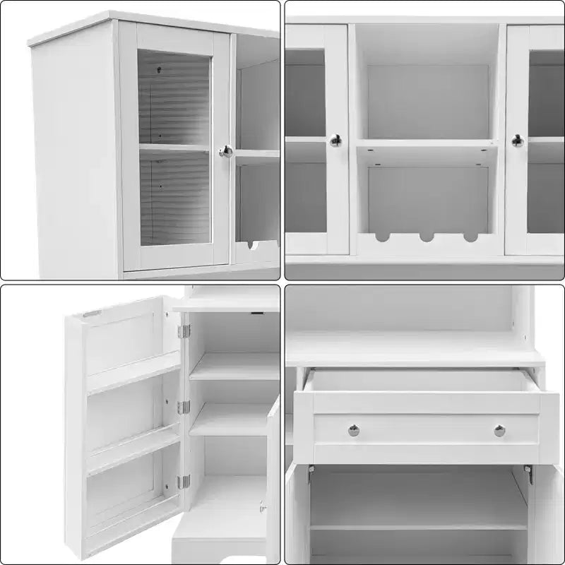 Credenza da pranzo con portabottiglie, cassetti, ripiani sportello, moderna vetrina in vetro e ripiano per microonde.