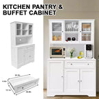 Credenza da pranzo con portabottiglie, cassetti, ripiani sportello, moderna vetrina in vetro e ripiano per microonde.