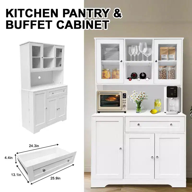 Credenza da pranzo con portabottiglie, cassetti, ripiani sportello, moderna vetrina in vetro e ripiano per microonde.
