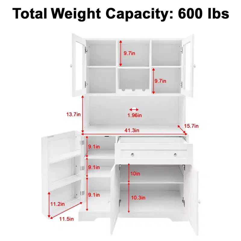 Credenza da pranzo con portabottiglie, cassetti, ripiani sportello, moderna vetrina in vetro e ripiano per microonde.