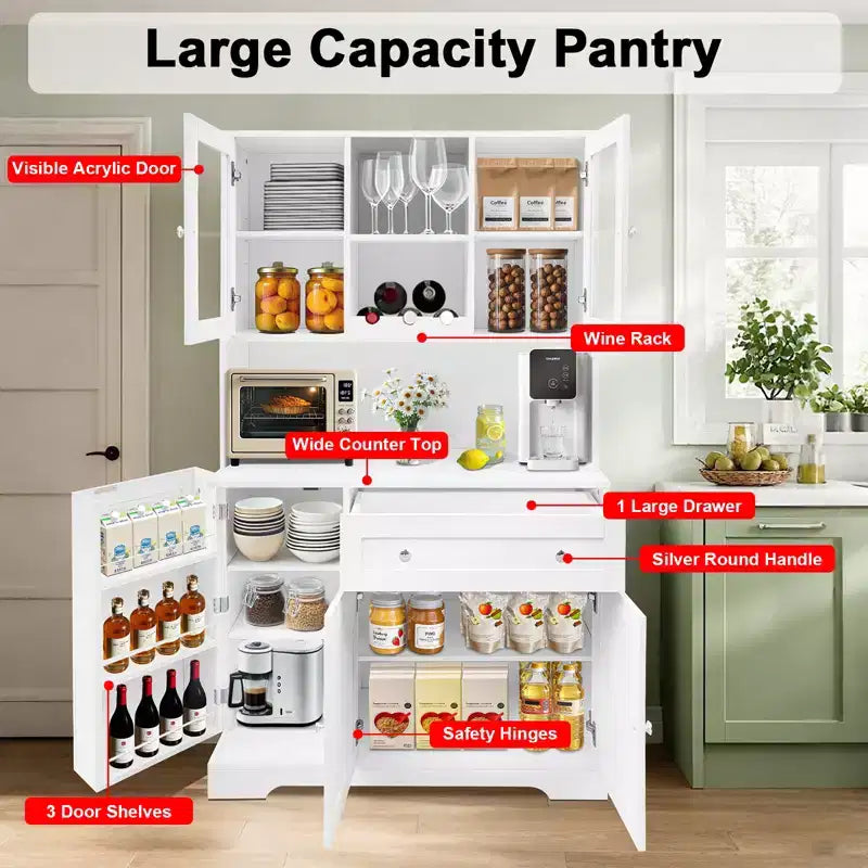 Credenza da pranzo con portabottiglie, cassetti, ripiani sportello, moderna vetrina in vetro e ripiano per microonde.