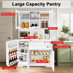 Credenza da pranzo con portabottiglie, cassetti, ripiani sportello, moderna vetrina in vetro e ripiano per microonde.