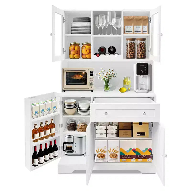 Credenza da pranzo con portabottiglie, cassetti, ripiani sportello, moderna vetrina in vetro e ripiano per microonde.