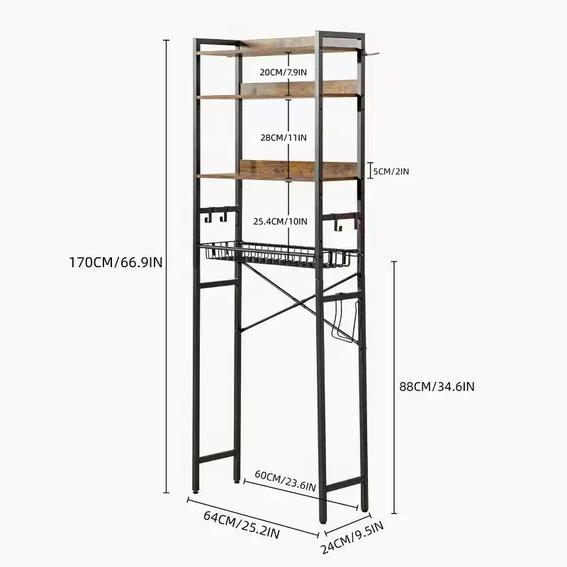 FurnitureR Scaffale portaoggetti da bagno da 4 ripiani sopra il WC, Organizzatore da bagno autoportante con ripiano regolabile e cesto, Salvaspazio sopra il WC, Marrone