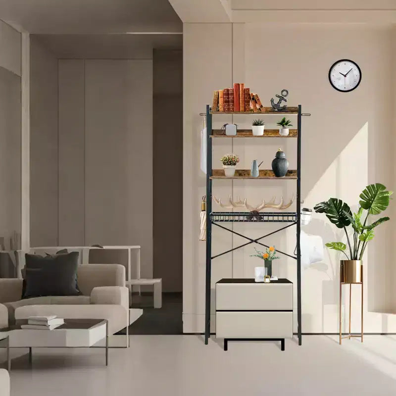FurnitureR Scaffale portaoggetti da bagno da 4 ripiani sopra il WC, Organizzatore da bagno autoportante con ripiano regolabile e cesto, Salvaspazio sopra il WC, Marrone