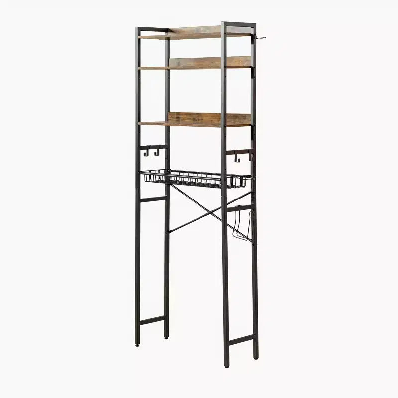 FurnitureR Scaffale portaoggetti da bagno da 4 ripiani sopra il WC, Organizzatore da bagno autoportante con ripiano regolabile e cesto, Salvaspazio sopra il WC, Marrone