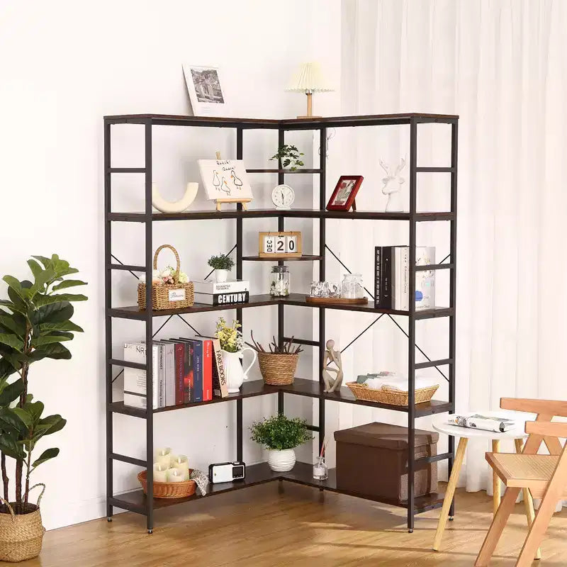Libreria a 5 ripiani, libreria aperta a forma di L con pannelli curvi, per soggiorno, ufficio