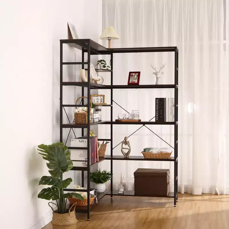 Libreria a 5 ripiani, libreria aperta a forma di L con pannelli curvi, per soggiorno, ufficio