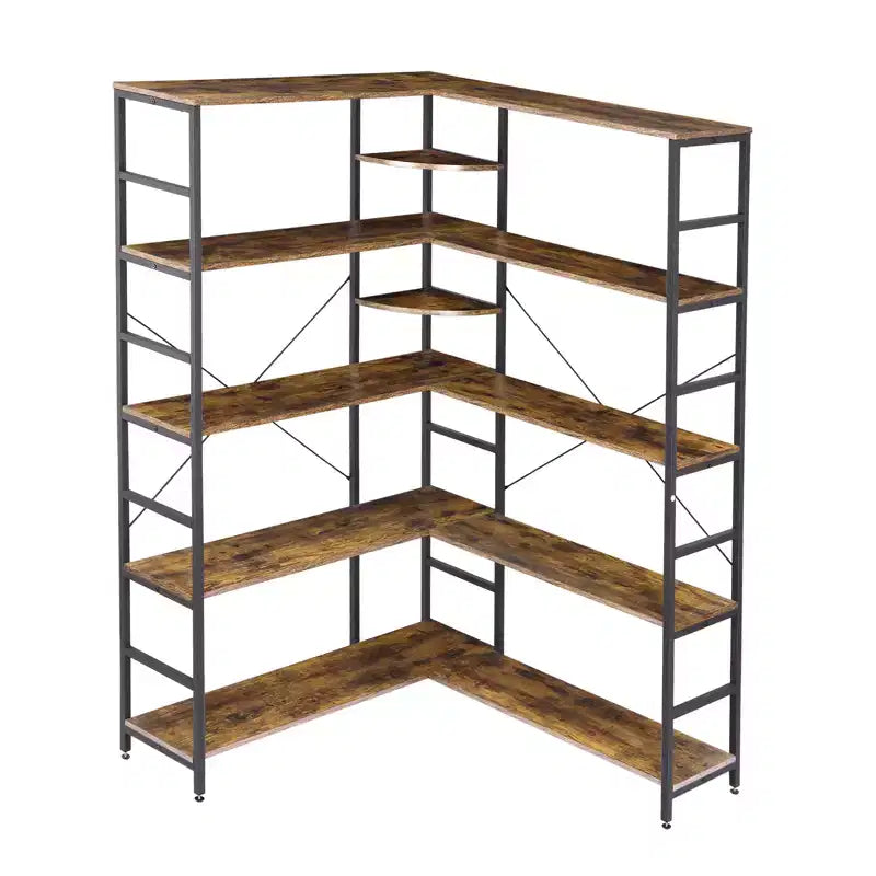 Libreria a 5 ripiani, libreria aperta a forma di L con pannelli curvi, per soggiorno, ufficio