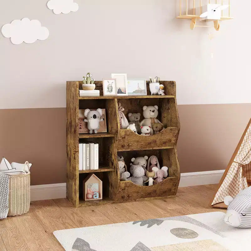 Libreria per Bambini, Mobile Contenitore Giocattoli Alto 91 cm, Espositore Giocattoli a Doppia Faccia a 5 Scomparti con Ampio Ripiano Superiore per Stanza dei Bambini, Camera da Letto
