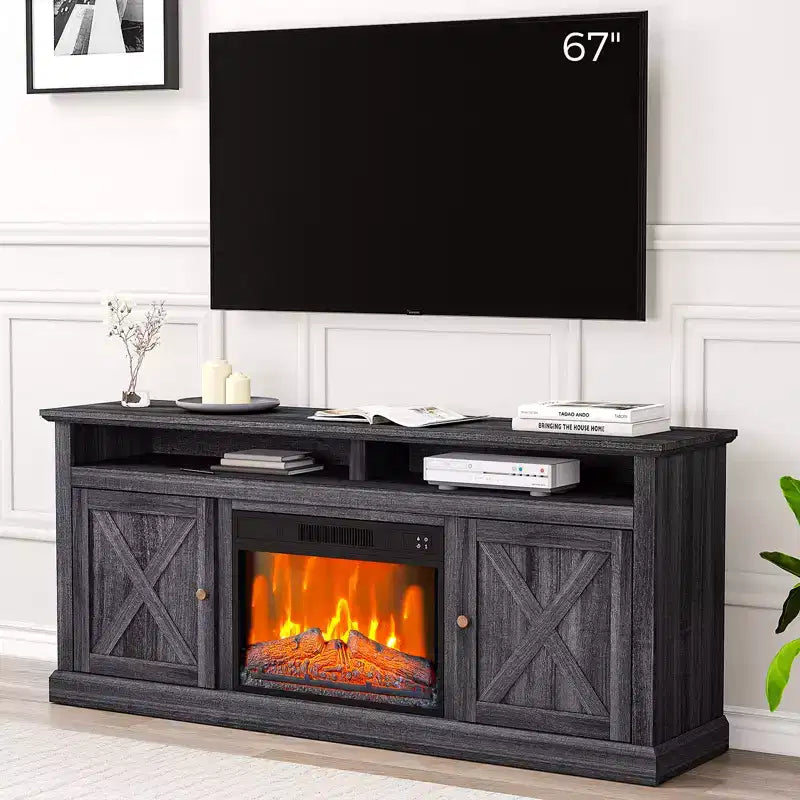 CuisinSmart Mobile TV da 67 pollici in stile fattoria con caminetto elettrico da 23 pollici, console multimediale nera con 2 armadietti e ripiani aperti per soggiorno