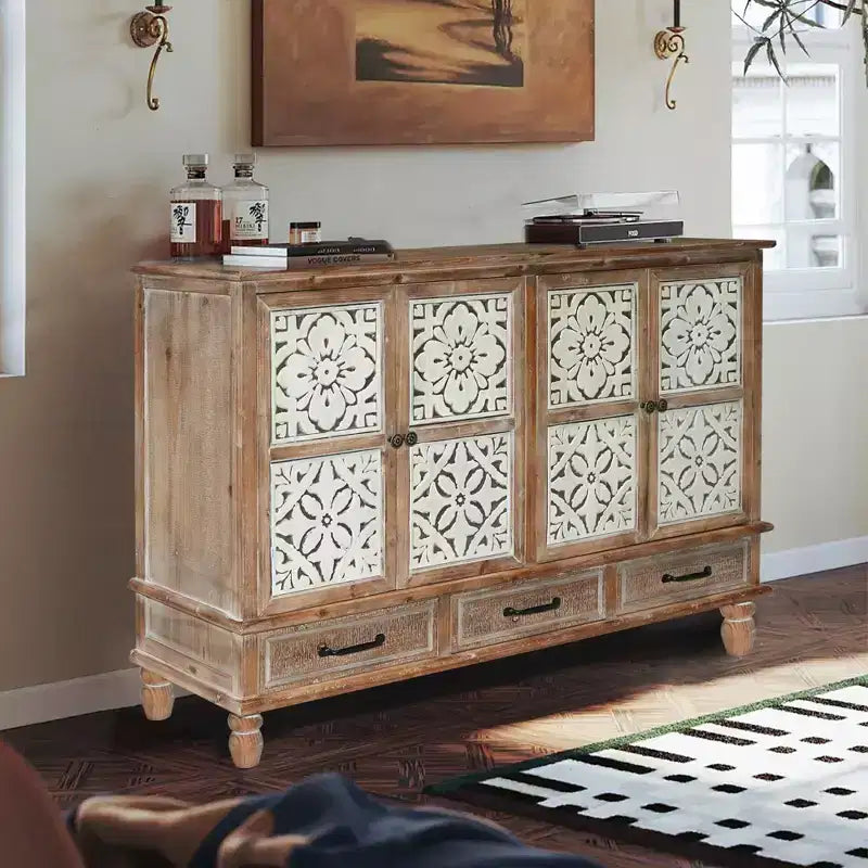 GDFStudio Patel Credenza/Madia Rustica in Legno di Abete da 150 cm con 3 Cassetti