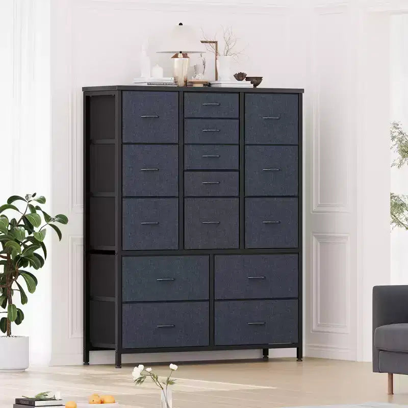 Cassettiera a 15 cassetti, mobile contenitore alto con struttura in metallo e piano in legno, cassettiera in tessuto per soggiorno, unità di archiviazione multifunzione