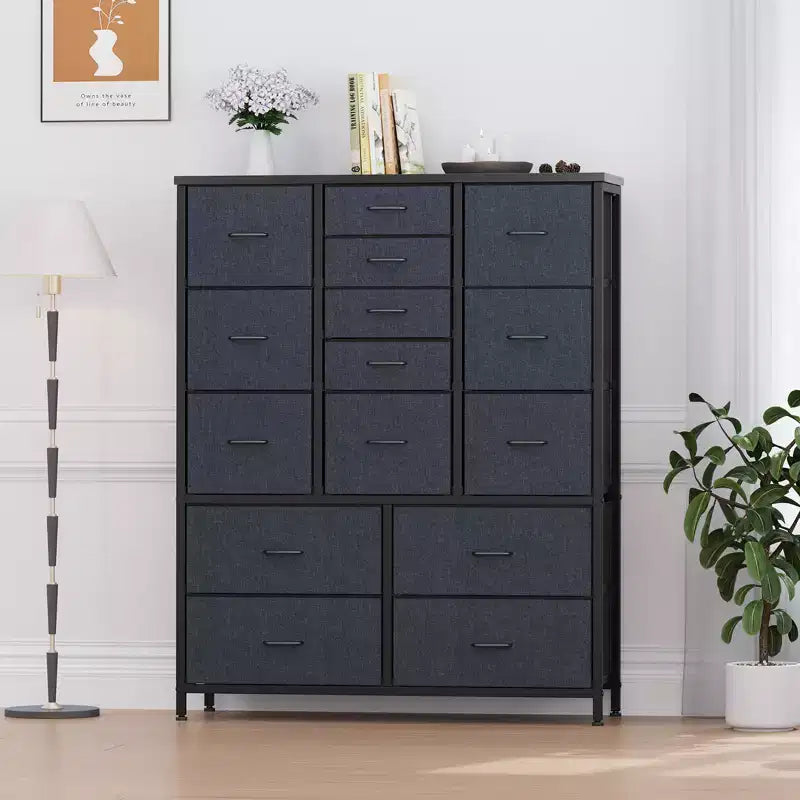 Cassettiera a 15 cassetti, mobile contenitore alto con struttura in metallo e piano in legno, cassettiera in tessuto per soggiorno, unità di archiviazione multifunzione