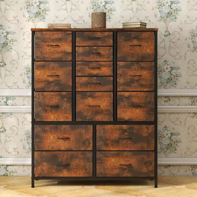 Cassettiera a 15 cassetti, mobile contenitore alto con struttura in metallo e piano in legno, cassettiera in tessuto per soggiorno, unità di archiviazione multifunzione