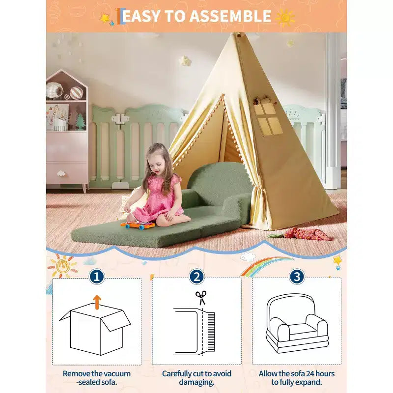 Divano e Lounge Convertibile per Bambini 2-in-1, Divano Letto a Mezzaluna, Letto Pieghevole in Pile Orsetto per Bambini, Fodera Lavabile in Lavatrice