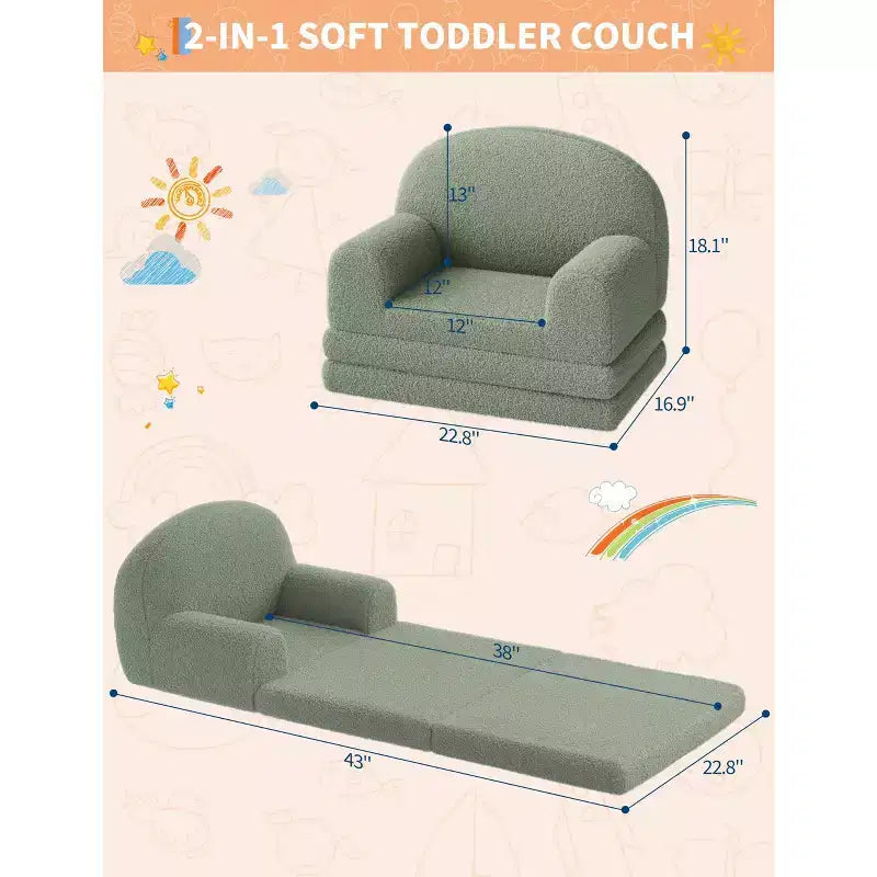 Divano e Lounge Convertibile per Bambini 2-in-1, Divano Letto a Mezzaluna, Letto Pieghevole in Pile Orsetto per Bambini, Fodera Lavabile in Lavatrice