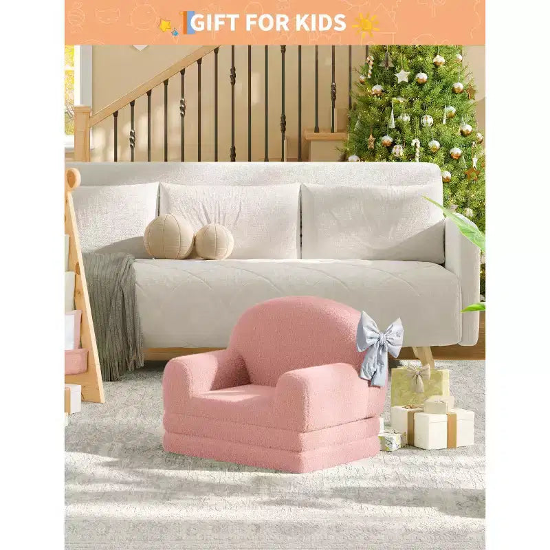 Divano e Lounge Convertibile per Bambini 2-in-1, Divano Letto a Mezzaluna, Letto Pieghevole in Pile Orsetto per Bambini, Fodera Lavabile in Lavatrice