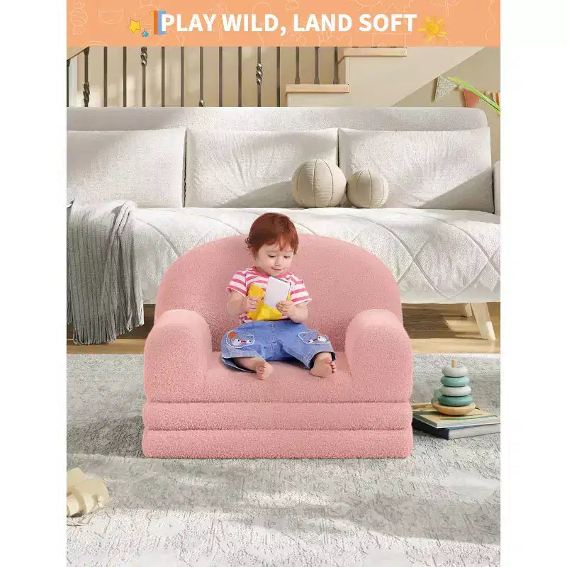 Divano e Lounge Convertibile per Bambini 2-in-1, Divano Letto a Mezzaluna, Letto Pieghevole in Pile Orsetto per Bambini, Fodera Lavabile in Lavatrice