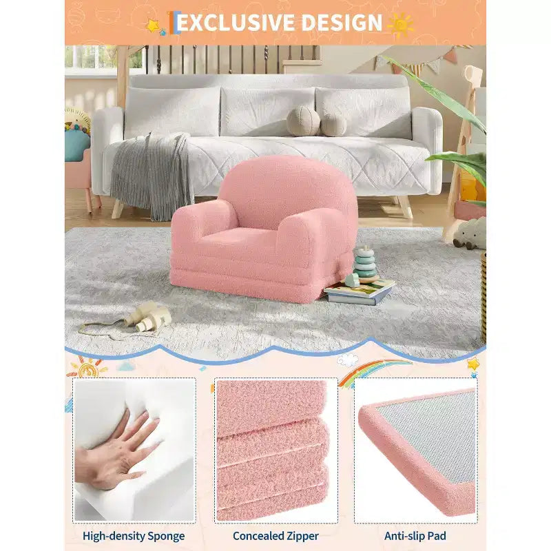 Divano e Lounge Convertibile per Bambini 2-in-1, Divano Letto a Mezzaluna, Letto Pieghevole in Pile Orsetto per Bambini, Fodera Lavabile in Lavatrice