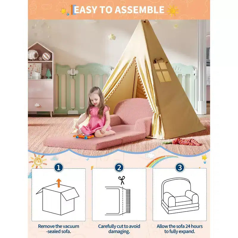 Divano e Lounge Convertibile per Bambini 2-in-1, Divano Letto a Mezzaluna, Letto Pieghevole in Pile Orsetto per Bambini, Fodera Lavabile in Lavatrice