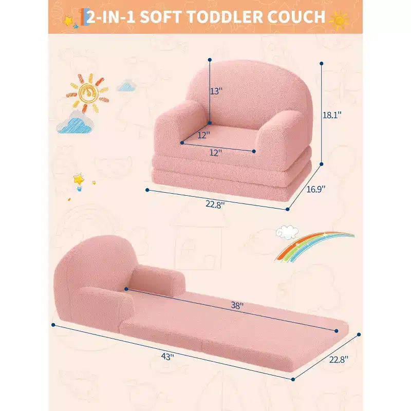 Divano e Lounge Convertibile per Bambini 2-in-1, Divano Letto a Mezzaluna, Letto Pieghevole in Pile Orsetto per Bambini, Fodera Lavabile in Lavatrice