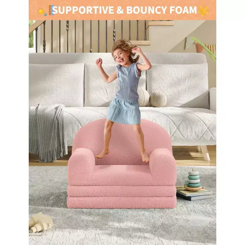 Divano e Lounge Convertibile per Bambini 2-in-1, Divano Letto a Mezzaluna, Letto Pieghevole in Pile Orsetto per Bambini, Fodera Lavabile in Lavatrice