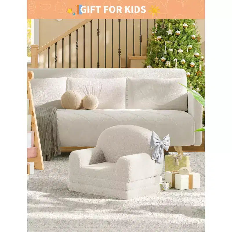 Divano e Lounge Convertibile per Bambini 2-in-1, Divano Letto a Mezzaluna, Letto Pieghevole in Pile Orsetto per Bambini, Fodera Lavabile in Lavatrice