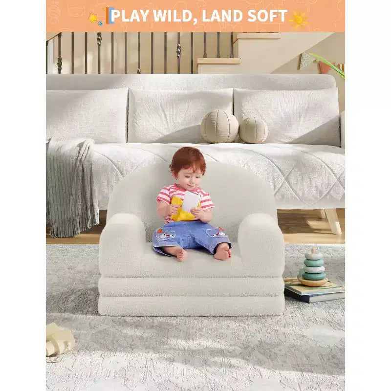 Divano e Lounge Convertibile per Bambini 2-in-1, Divano Letto a Mezzaluna, Letto Pieghevole in Pile Orsetto per Bambini, Fodera Lavabile in Lavatrice