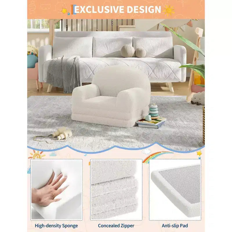 Divano e Lounge Convertibile per Bambini 2-in-1, Divano Letto a Mezzaluna, Letto Pieghevole in Pile Orsetto per Bambini, Fodera Lavabile in Lavatrice