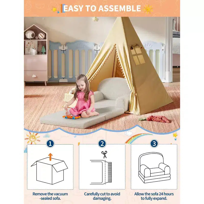 Divano e Lounge Convertibile per Bambini 2-in-1, Divano Letto a Mezzaluna, Letto Pieghevole in Pile Orsetto per Bambini, Fodera Lavabile in Lavatrice