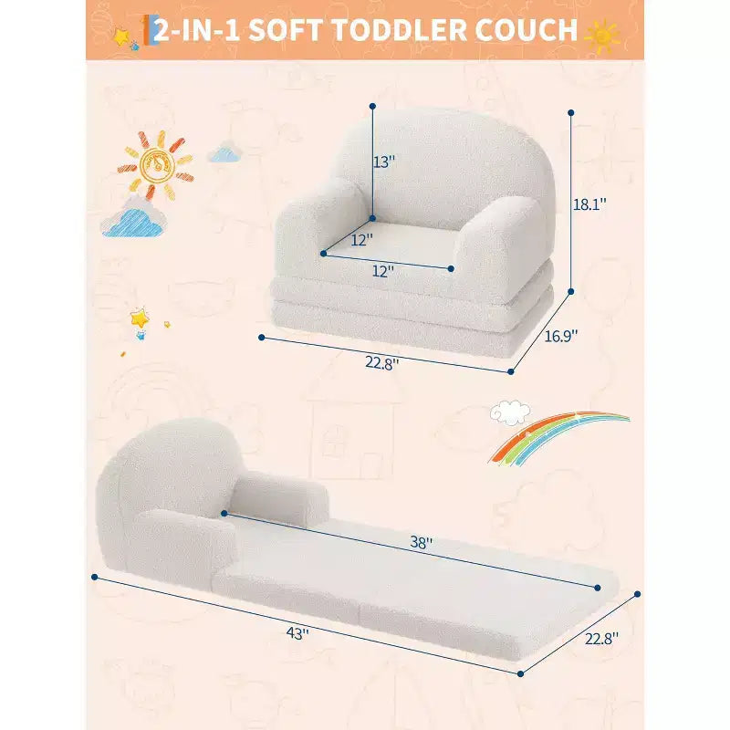 Divano e Lounge Convertibile per Bambini 2-in-1, Divano Letto a Mezzaluna, Letto Pieghevole in Pile Orsetto per Bambini, Fodera Lavabile in Lavatrice