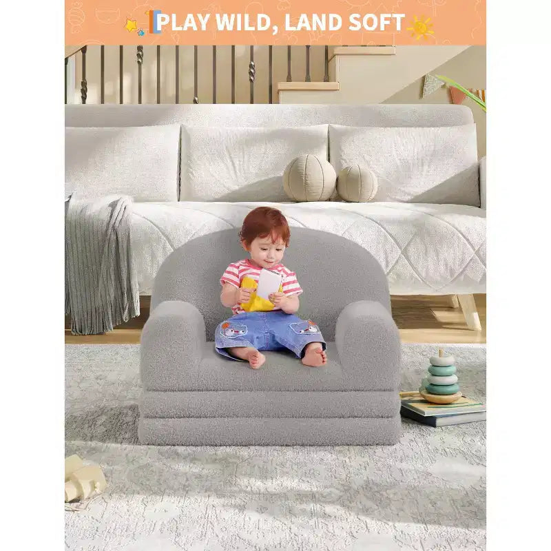 Divano e Lounge Convertibile per Bambini 2-in-1, Divano Letto a Mezzaluna, Letto Pieghevole in Pile Orsetto per Bambini, Fodera Lavabile in Lavatrice