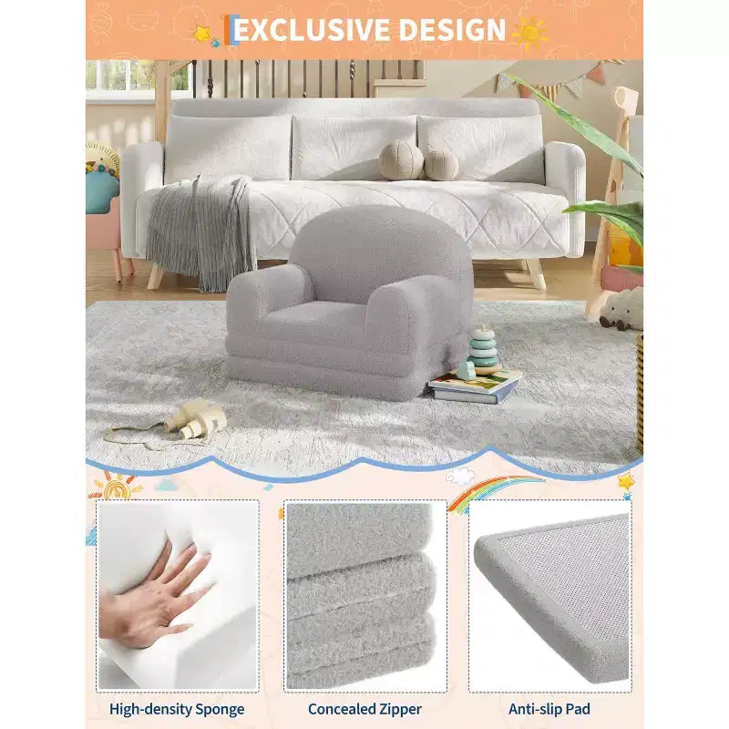 Divano e Lounge Convertibile per Bambini 2-in-1, Divano Letto a Mezzaluna, Letto Pieghevole in Pile Orsetto per Bambini, Fodera Lavabile in Lavatrice