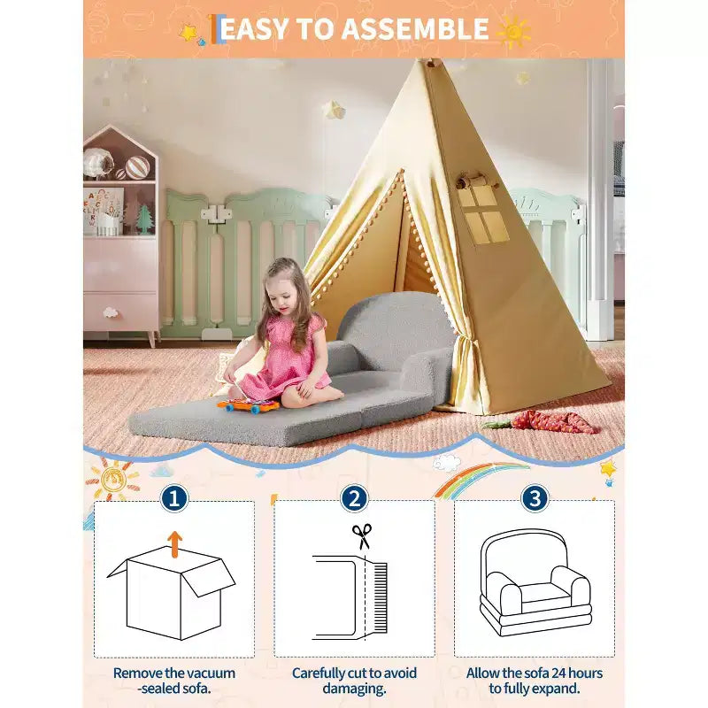 Divano e Lounge Convertibile per Bambini 2-in-1, Divano Letto a Mezzaluna, Letto Pieghevole in Pile Orsetto per Bambini, Fodera Lavabile in Lavatrice