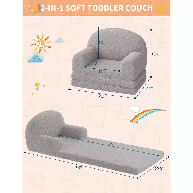 Divano e Lounge Convertibile per Bambini 2-in-1, Divano Letto a Mezzaluna, Letto Pieghevole in Pile Orsetto per Bambini, Fodera Lavabile in Lavatrice