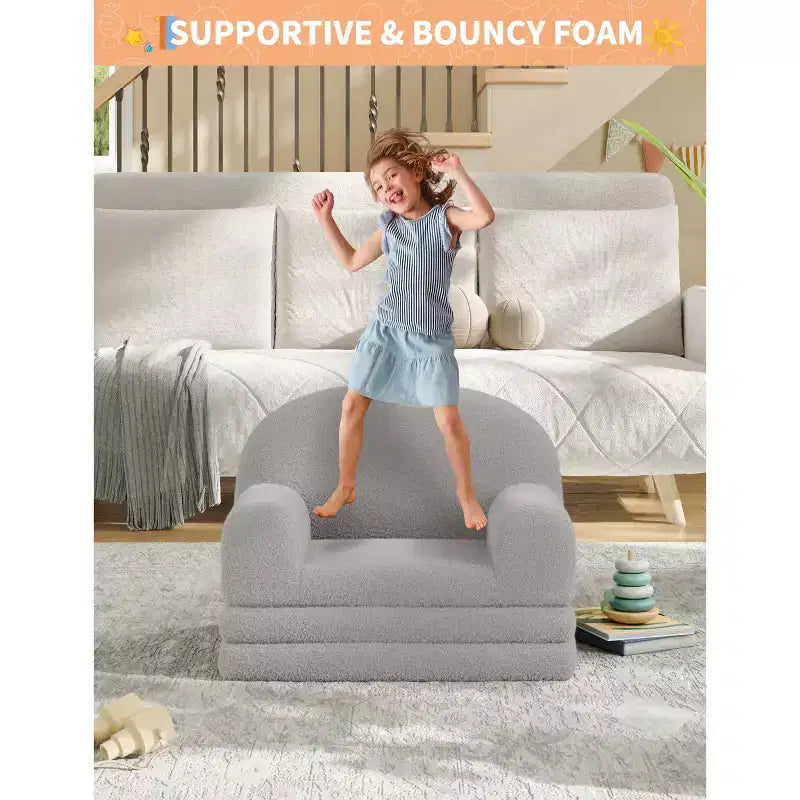 Divano e Lounge Convertibile per Bambini 2-in-1, Divano Letto a Mezzaluna, Letto Pieghevole in Pile Orsetto per Bambini, Fodera Lavabile in Lavatrice