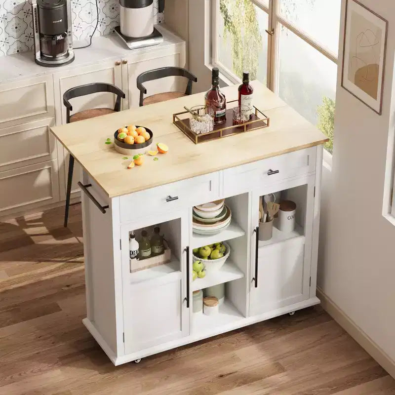 Carrello da Cucina con Isola su Ruote con Ante a Ribalta, Mobile Contenitore, Cassetto, Portaspezie/Portasalviette, 41 pollici di Larghezza, Bianco