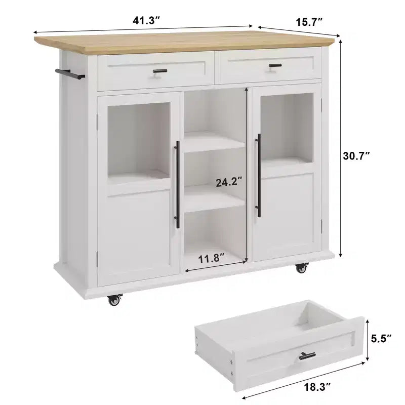 Carrello da Cucina con Isola su Ruote con Ante a Ribalta, Mobile Contenitore, Cassetto, Portaspezie/Portasalviette, 41 pollici di Larghezza, Bianco