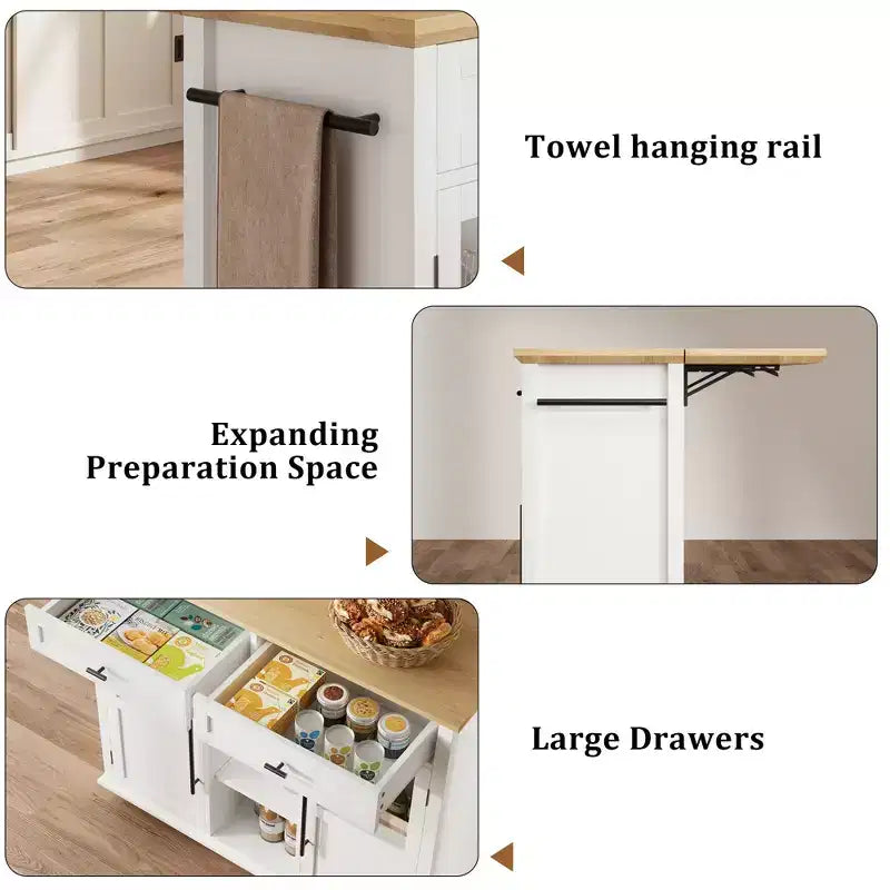 Carrello da Cucina con Isola su Ruote con Ante a Ribalta, Mobile Contenitore, Cassetto, Portaspezie/Portasalviette, 41 pollici di Larghezza, Bianco